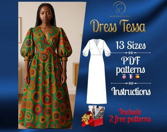 PDF digitalt sömnadsmönster för Tessa-klänning | A-linjemönster för klänning | komplett klänningsmönster | Afrikanskt tryckt klänning | Afrikanskt klänningsmönster