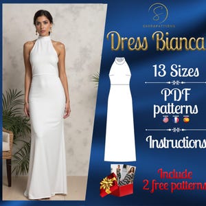 Modello di cucito digitale PDF per abito Bianca / Modello di abito a trapezio / Modello di abito senza maniche / Modello di abito lungo / Modello di cucito per abito