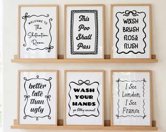 Funny Bathroom Wall Art Set of 6 | Black and White Funny Bathroom Signs Printable Gallery Wall Bundle | Unusual Bathroom Accessories | No AI