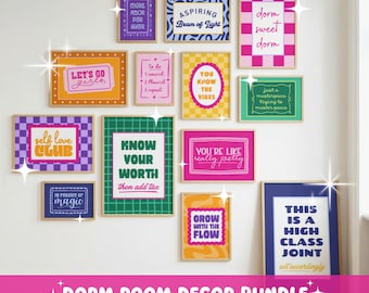 Dorm Dopamine Decor Bundle | Gallery Wall Art Set of 16 Printable Quote Posters | College Dorm Apartment Decor | Digital Products | No AI
