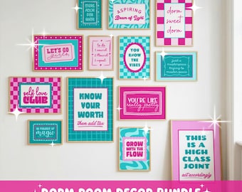 College Dorm Decor Bundle | Dopamine Decor Gallery Wall Art Set of 16 Printable Quote Posters | College Dorm Apartment Decor