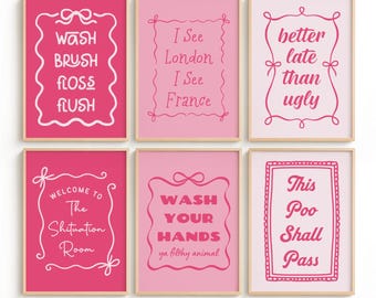 Funny Bathroom Wall Art Set of 6 | Pink Funny Bathroom Signs Printable Gallery Wall Bundle | Unusual Bathroom Accessories | No AI