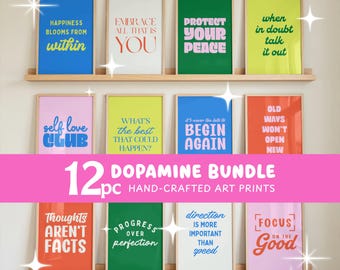 Dopamine Decor Bundle | Positive Quote Decor Gallery Wall Set of 12 Printable Mental Health Art Prints |  Therapy Office Decor
