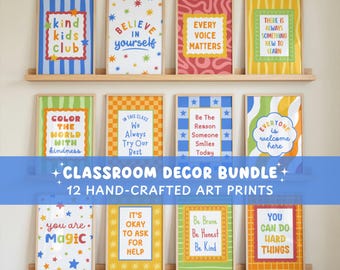 Classroom Dopamine Decor Bundle | 12 Printable Classroom Posters | Growth Mindset Positive Quotes for Kids Gallery Wall | No AI