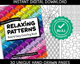 May include: A digital download colouring book titled "Relaxing Patterns" with the text "Bold & Easy Colouring Book." The cover features a colourful 3D cube design. The image also includes a green seal that says "100% Human Made, No A.I. Guaranteed."