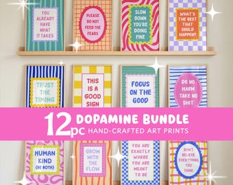 Dopamine Decor Bundle | Gallery Wall Set of 12 Printable Positive Mental Health Art Prints | Therapy Office Decor | Affirmation Wall Art