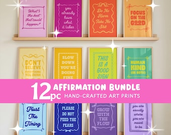 Colorful Dopamine Decor Art Print Set | Gallery Wall Art Set Bundle | 12 Printable Positive Mental Health Art Prints | Therapy Office Decor