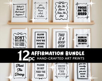 Minimalist Affirmation Art Print Bundle | Affirmation Poster Gallery Wall Set of 12 Printable Mental Health Quotes | Therapy Office Decor