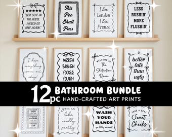 Funny Bathroom Wall Art Set of 12 | Black and White Funny Bathroom Signs | Printable Gallery Wall Bundle | Unusual Bathroom Accessories