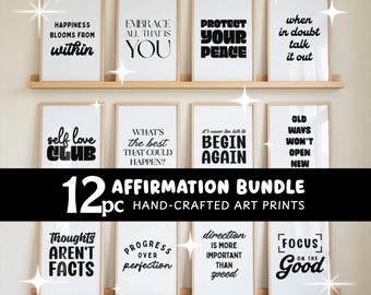 Motivational Wall Art Prints Bundle | Affirmation Poster Gallery Wall Set of 12 Printable Mental Health Prints | Therapy Office Decor