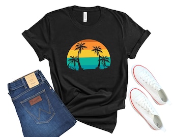 Retro Vintage Sunset Beach Palm Tree, Summer Holiday Shirt, Tropical Island Shirt, Palm Tree Shirt, Summer Vacation Gift, Hawaiian Shirt