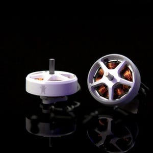 Peut inclure: Deux petits moteurs électriques blancs avec des enroulements de fil de cuivre. Les moteurs ont un boîtier en plastique blanc et un arbre noir.
