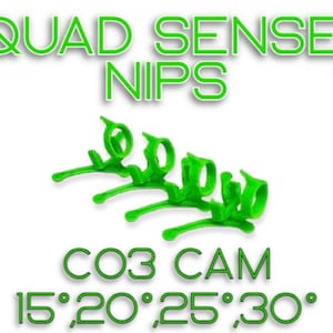 May include: Green 3D printed camera mount with four adjustable arms. The mount is labeled "QUAD SENSEI NIPS CO3 CAM 15,20,25,30".