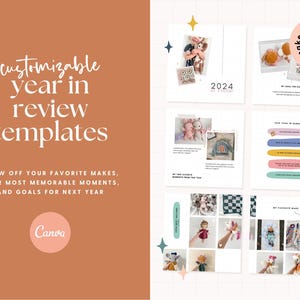 May include: A set of customizable year in review templates for Canva. The templates feature a variety of images, including photos of crocheted toys, and text boxes for adding your own content. The templates are designed to help you reflect on the past year and set goals for the future.
