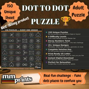 May include: A digital adult dot-to-dot puzzle sheet with 150 unique puzzles. The sheet features various designs, including mandalas and botanical patterns. The product includes a complete solution key and is available for instant digital download.