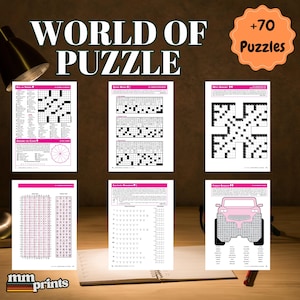 Op de afbeelding: Een afbeelding van puzzelboeken met de titel "World of Puzzle" in grote witte letters. De afbeelding toont verschillende soorten puzzels, waaronder kruiswoordraadsels en logische puzzels, met een roze en wit kleurenschema. De tekst "+70 Puzzles" is ook aanwezig.
