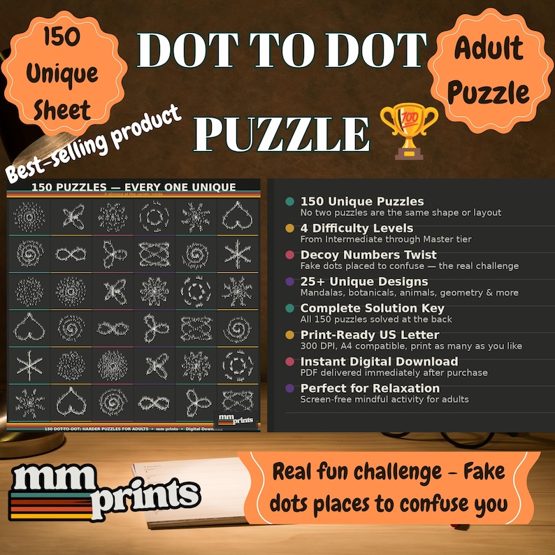 May include: A digital adult dot-to-dot puzzle sheet with 150 unique puzzles. The sheet features various designs, including mandalas and botanical patterns. The product includes a complete solution key and is available for instant digital download.
