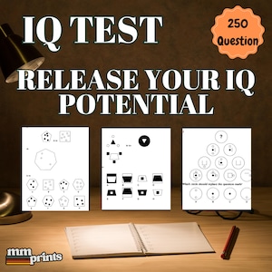 Puede incluir: Un conjunto de tres páginas de prueba de CI en blanco y negro con formas geométricas y patrones. El texto en la página dice "Prueba de CI", "Libera tu potencial de CI" y "250 preguntas".