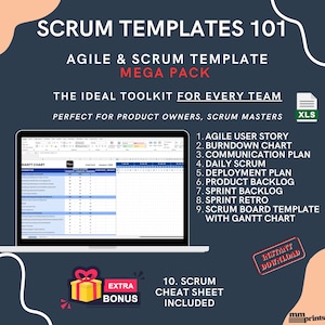 Op de afbeelding: Een laptopscherm dat een spreadsheet met een Gantt-diagram weergeeft. Het scherm is omgeven door een zwarte achtergrond met de tekst "SCRUM TEMPLATES 101" in wit. Onder de laptop bevindt zich een rode cadeaudoos met de tekst "EXTRA BONUS" in wit. De tekst "10. SCRUM CHEAT SHEET INCLUDED" bevindt zich onder de cadeaudoos. De tekst "INSTANT DOWNLOAD" bevindt zich in een rode cirkel met een witte rand. De tekst "mmprints" bevindt zich in een witte cirkel met een zwarte rand.