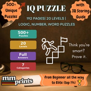 Op de afbeelding: Een IQ-puzzelboek met meer dan 500 unieke puzzels, 192 pagina's en 20 niveaus. Bevat logica-, getallen- en woordpuzzels, met een IQ-scoregids. Met de tekst "Think you're smart? Prove it."