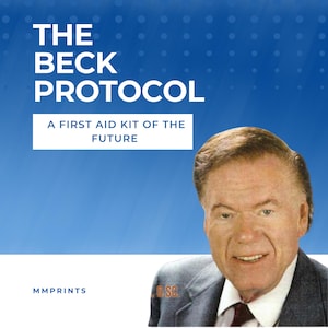 May include: A blue background with white polka dots features the text "THE BECK PROTOCOL" in white, followed by "A FIRST AID KIT OF THE FUTURE" in white. A man in a suit and tie smiles at the camera. The text "MMPRINTS" is in the bottom left corner.