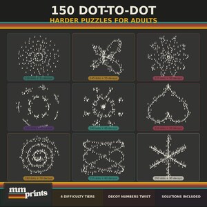 May include: A book cover featuring a collection of dot-to-dot puzzles for adults. The title reads "150 Dot-to-Dot: Harder Puzzles for Adults." The puzzles are displayed in a grid, each with a different shape and number of dots. The book includes 4 difficulty tiers and decoy numbers.
