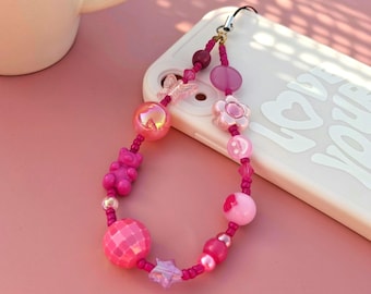 Chunky Hot Pink Beaded Phone Charm: Y2K Style Phone Strap