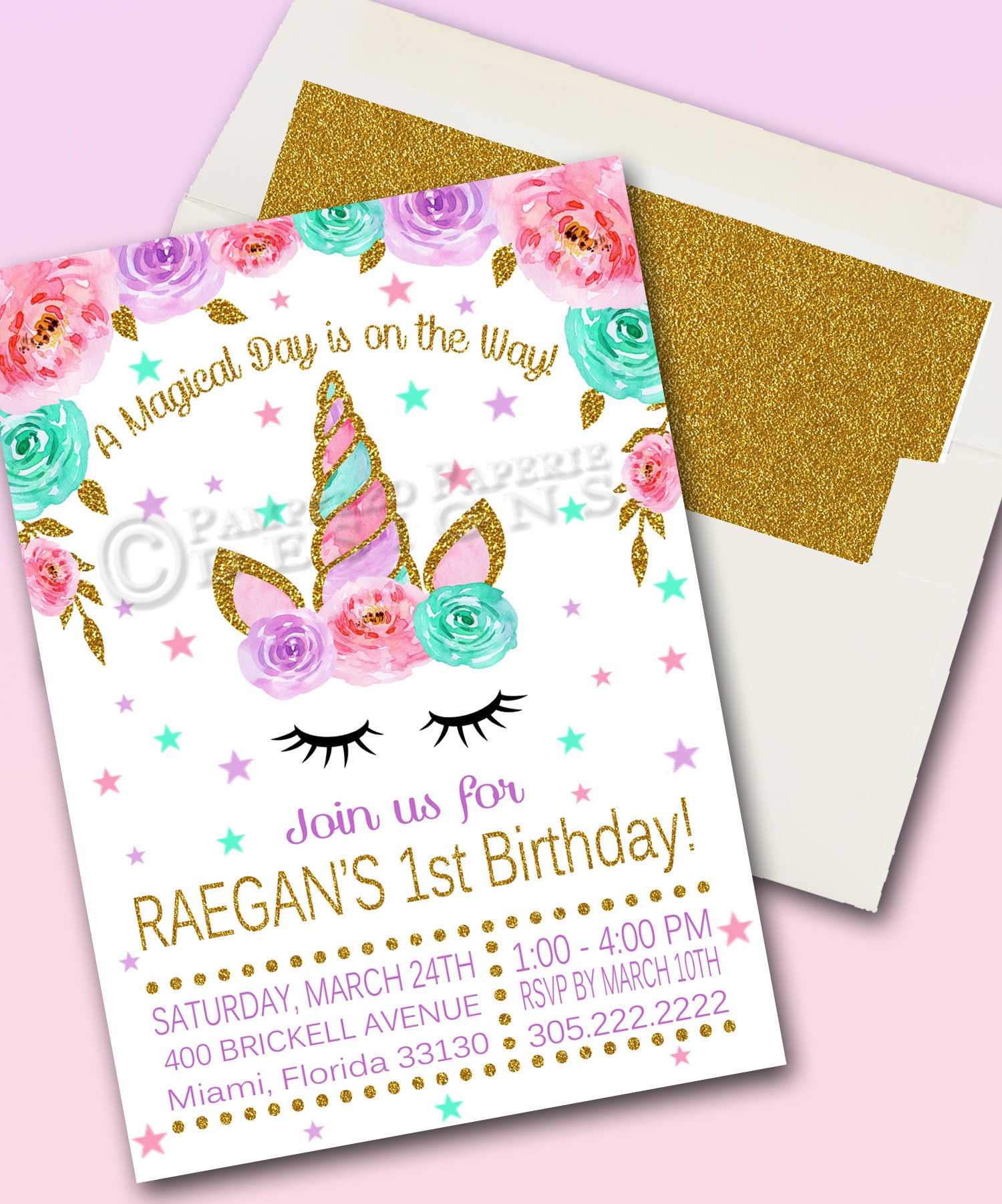 Unicorn First Birthday Invitations 7
