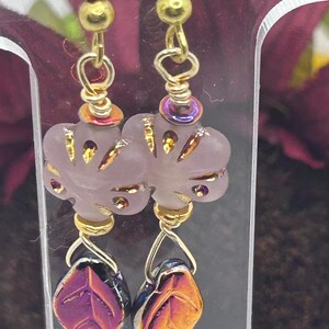 Muted Pink Hibiscus Flowers with Metallic Inlay Earrings, hippie style, metallic pink and purple leaves Earrings