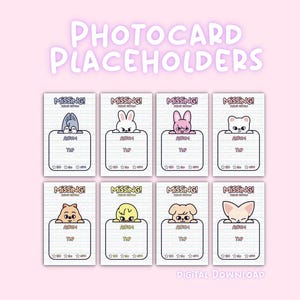 Könnte beinhalten: Druckbare Foto-Karten-Platzhalter mit einem Rastermuster und dem Text "MISSING! PHOTOCARD INSERTION" oben auf jeder Karte. Jede Karte zeigt ein Cartoon-Tier mit einem anderen Farbschema. Die Tiere umfassen ein Kaninchen, einen Fuchs, einen Hund, eine Katze, einen Panda, einen Bären, einen Vogel und einen Fuchs.