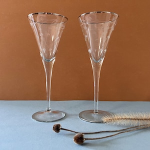 MCM Vintage Etched Glass Silver-Rimmed Champagne Flutes (Set of 2)