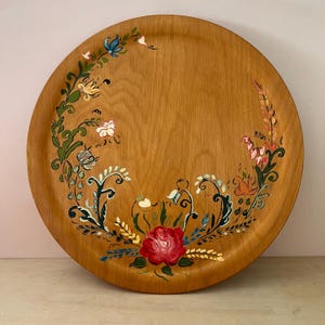 Vintage Hand-Painted Large Folk Art Wooden Floral Wall Decor Platter