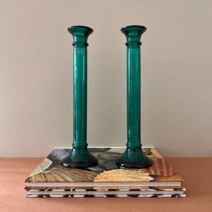 Pair of Vintage Teal Recycled Pressed Glass Candlestick Holders - Made in Span - Set of 2