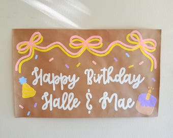 Hand Painted Birthday Bow Banner, Birthday Decor, Celebration Sign