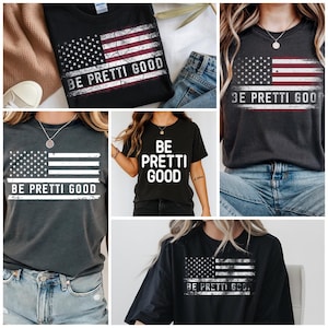 Puede incluir: Camisetas negras con un diseño de bandera estadounidense desgastada y el texto "BE PRETTI GOOD" en blanco. Las camisetas son de estilo casual, adecuadas para el uso diario. El diseño presenta estrellas y rayas.