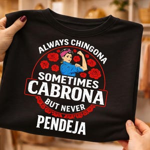 May include: Black t-shirt featuring a graphic of a woman flexing her arm, surrounded by red roses. Text reads "ALWAYS CHINGONA, SOMETIMES CABRONA, BUT NEVER PENDEJA" in white and red. A bold statement tee.