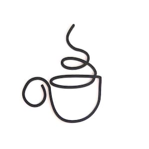 May include: Black, minimalist coffee cup design. The cup and steam are formed from a single, continuous line. The design features a rounded handle and a swirling steam effect, set against a clean white background. This graphic is ideal for coffee lovers.