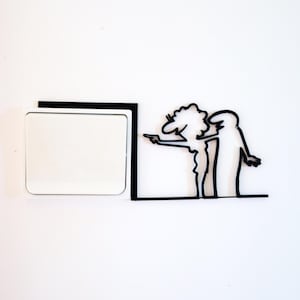May include: A white light switch with a black border, next to a black and white cartoon illustration of two figures. One figure is pointing, and the other has their arms out. The background is white.