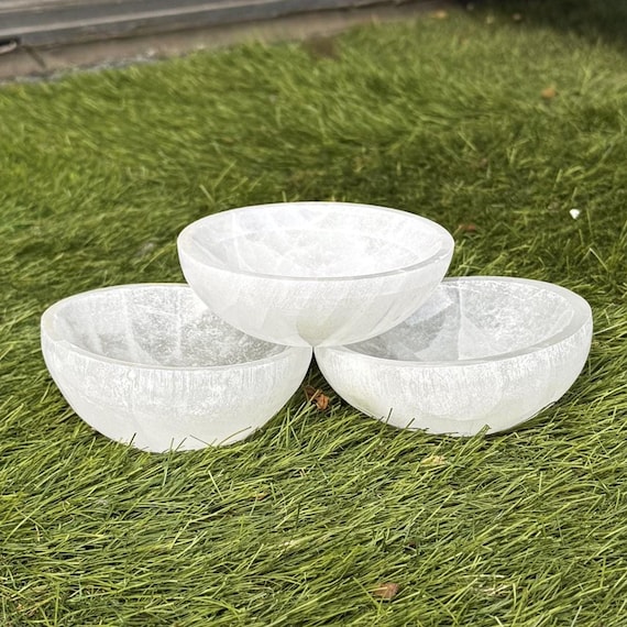 Selenite Crystal Charging Bowl, 2- 4 Inch Round Cleansing Dish Altar Decor, Natural Gemstone Display
