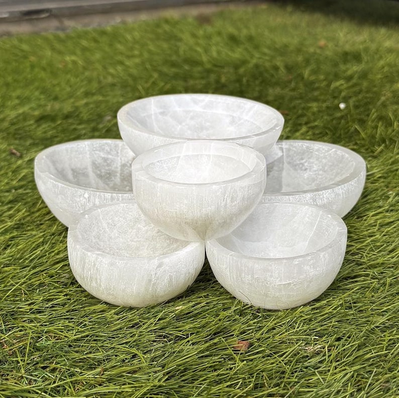 2 and 4 inch natural selenite crystal gemstone charging and cleansing bowl decor