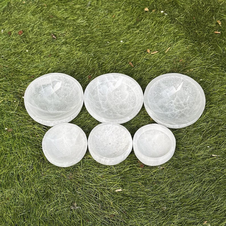 2 and 4 inch natural selenite crystal gemstone charging and cleansing bowl decor