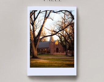Golden Hour Church Digital Download - Tranquil Brick Chapel Wall Art with Winter Trees