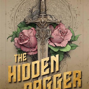 Könnte beinhalten: Buchcover-Illustration mit einem dekorativen Schwert, rosa Rosen und dem Titel "The Hidden Dagger". Der Name des Autors, Leah Howling, steht oben. Der Hintergrund ist ein strukturiertes Design in Sepia-Tönen.