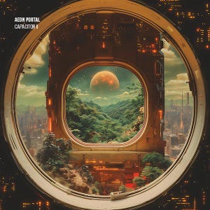 May include: Digital artwork featuring a futuristic cityscape viewed through a circular window. The window reveals a landscape with a large planet and lush green mountains. The text "AEON PORTAL CAPACITOR II" is visible in the upper left corner. The artwork has a sci-fi theme.