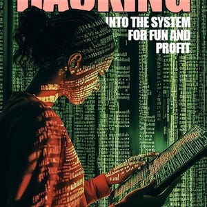 May include: Book cover titled "HACKING" with the subtitle "INTO THE SYSTEM FOR FUN AND PROFIT." The image shows a person looking at a tablet with code, with code projected onto their face and clothing. The author's name is Lemory Ormenston.