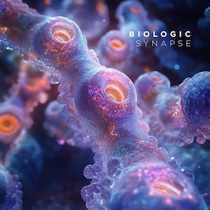 Peut inclure: Représentation artistique d'une synapse biologique, mettant en valeur sa structure complexe et interconnectée. L'image utilise une palette de couleurs vibrantes de bleus, de violets et d'oranges. Le texte "BIOLOGIC SYNAPSE" est en blanc.