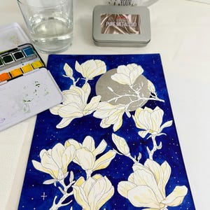 Wall decor Night in platinum - Notte d’argento- pezzo unico e dipinto a mano, acquarelli e china su carta 100%cotone  (A4 -21 x 29,7cm)