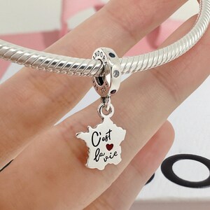 Karte von Frankreich C’est La Vie Anhänger, 925 Sterling Silber, Anhänger für Armband, Geschenk für sie, Damen Schmuck