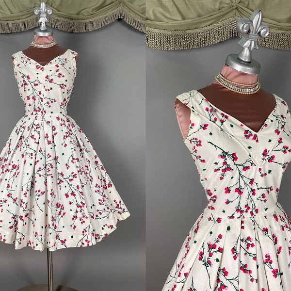 1950s dress vintage 50s PINK GREEN FLORAL print white cotton fit and flare