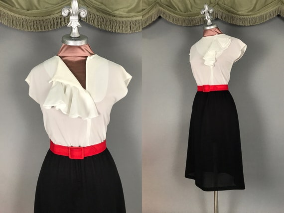 1980s vintage early 80s WHITE RUFFLE BLACK two to… - image 1